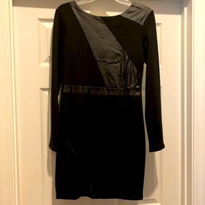Black long sleeve dress with leather accents